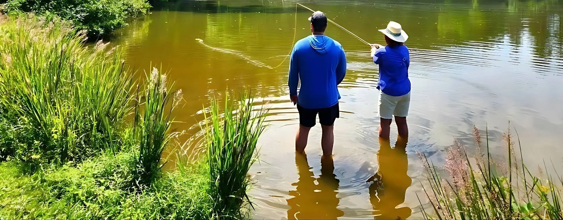 Two people fishing in a body of water