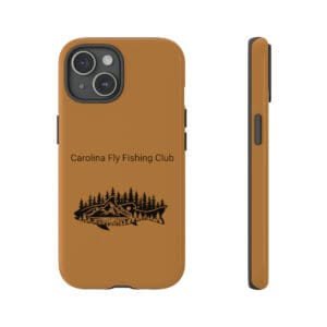 A brown Tough Case with the logo of a fly fishing club.