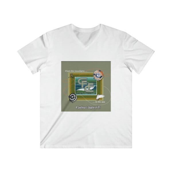 Men's Fitted V-Neck Short Sleeve Tee featuring a design with "From the mountains" text and imagery of mountains, clock, and compass. Below, text reads "A Southeast chapter of GFI.